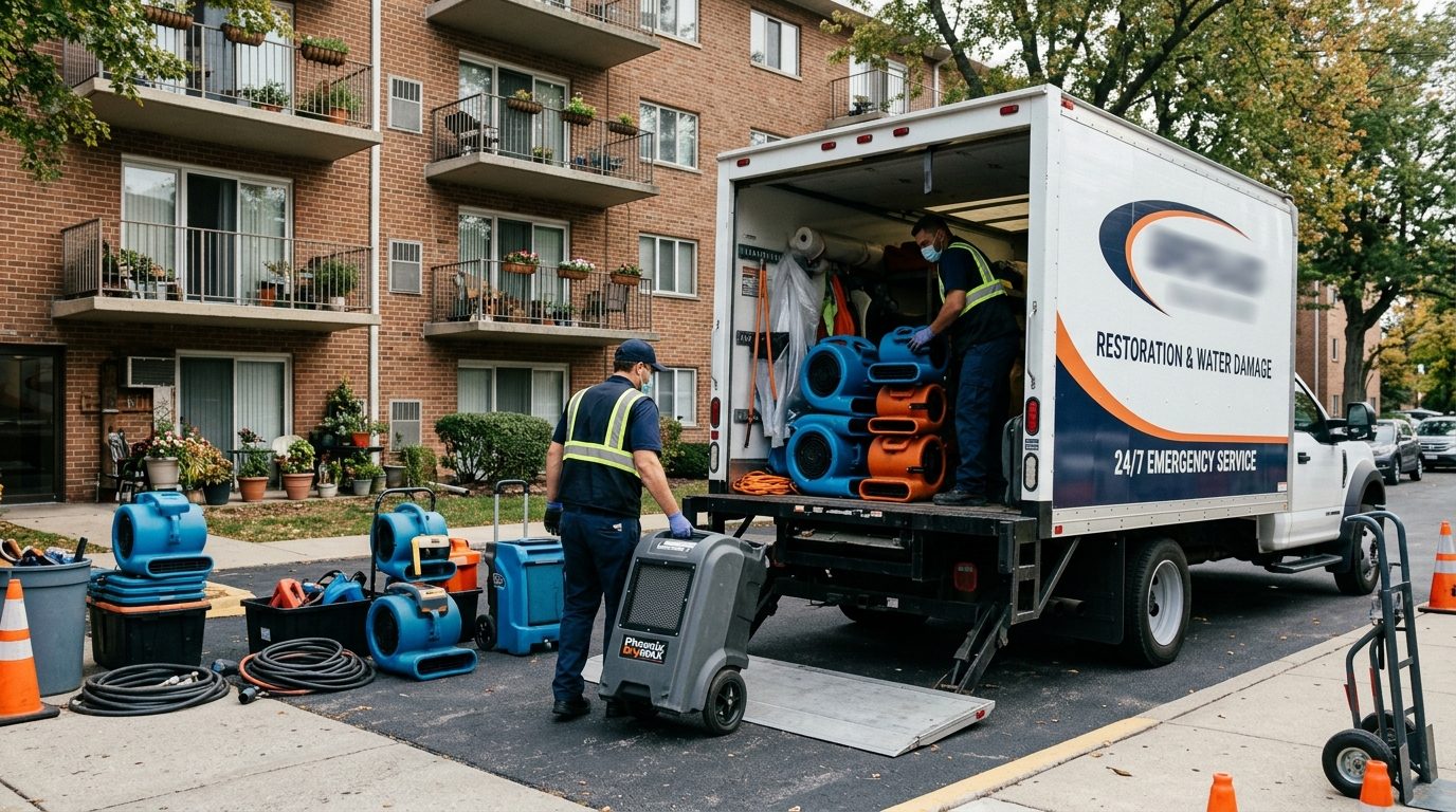 CAPSOL restoration crew staging drying equipment at a multifamily property