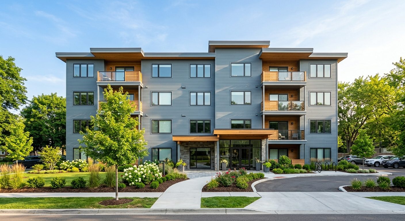 Mid-rise multifamily building exterior with fresh siding