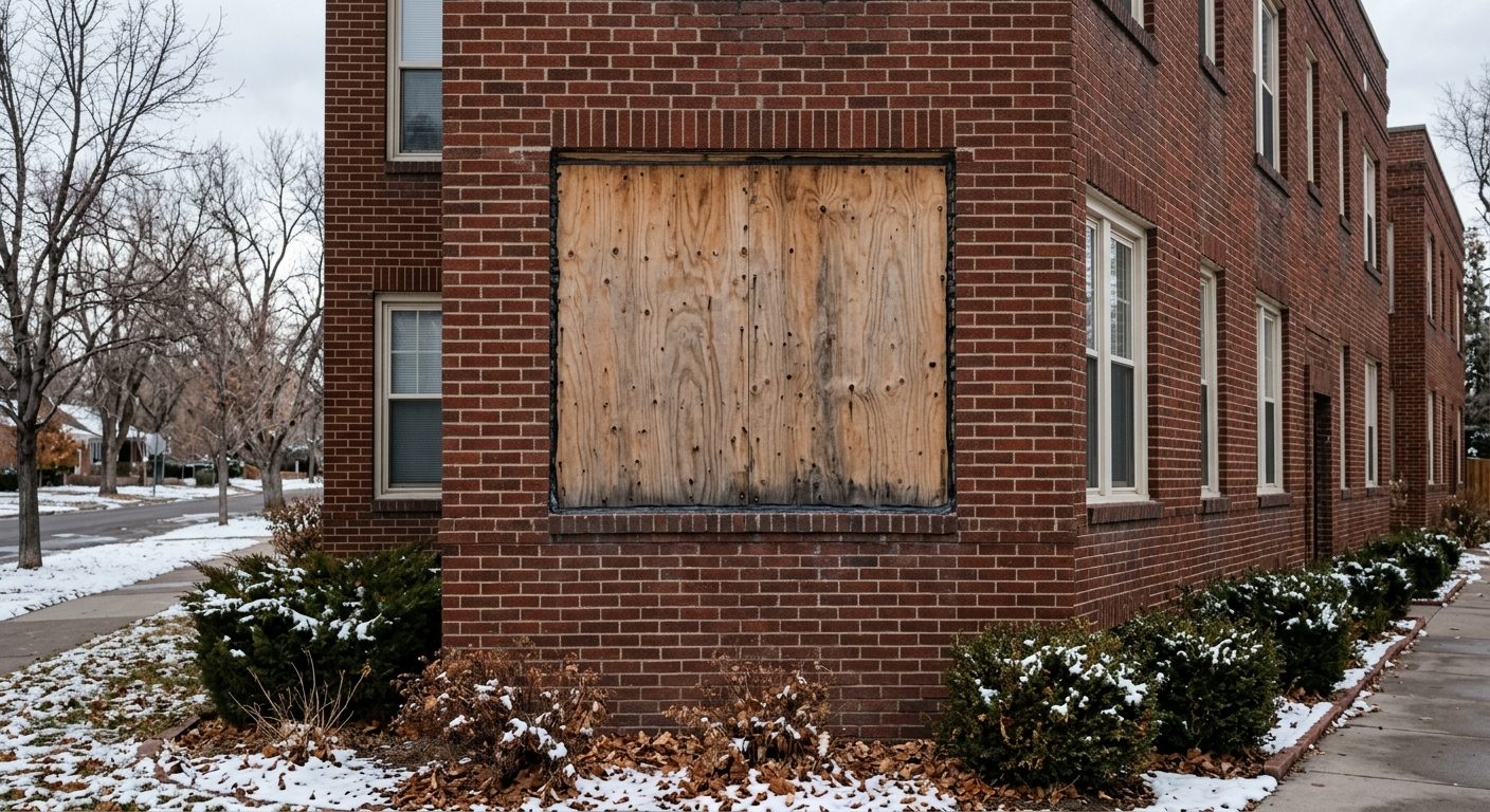 Professionally secured and winterized vacant unit exterior