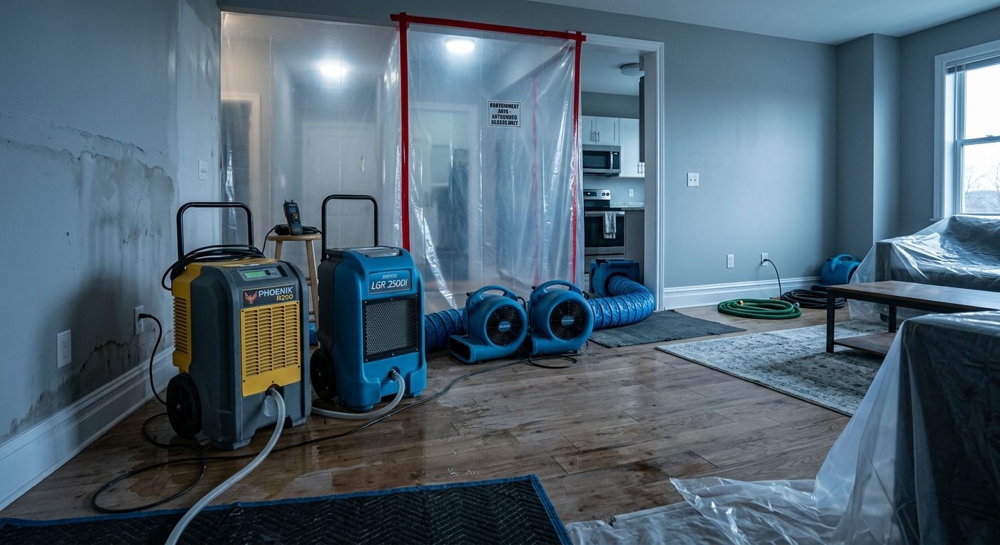 Professional disaster recovery drying equipment in an apartment unit